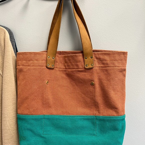 Cole Haan Canvas Tote Bag Teal Orange Open Top - Picture 2 of 5